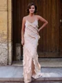 Sheath V-neck Sleeveless Cascading Ruffles Floor-Length Silk Like Satin Bridesmaid Dresses