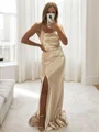 Sheath/Column Bateau Sweep Train Silk Like Satin Bridesmaid Dresses With Leg Slit