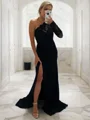 Sheath/Column One-Shoulder Sweep Train Stretch Crepe Bridesmaid Dresses With Leg Slit