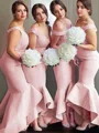 Trumpet/Mermaid Off-the-Shoulder Asymmetrical Stretch Crepe Bridesmaid Dresses With Appliques Lace