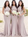 Sheath/Column Sheer Neck Sweep Train Stretch Crepe Bridesmaid Dresses