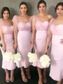 Sheath/Column One-Shoulder Tea-Length Stretch Crepe Bridesmaid Dresses