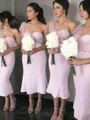Sheath/Column One-Shoulder Tea-Length Stretch Crepe Bridesmaid Dresses