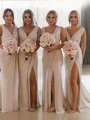 Sheath/Column V-neck Sweep Train Chiffon Bridesmaid Dresses With Leg Slit