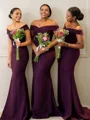 Sheath/Column Off-the-Shoulder Sweep Train Stretch Crepe Bridesmaid Dresses With Ruffles