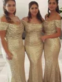 Sheath/Column Off-the-Shoulder Sweep Train Sequins Bridesmaid Dresses With Ruffles