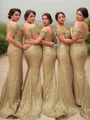 Sheath/Column Off-the-Shoulder Sweep Train Sequins Bridesmaid Dresses With Ruffles