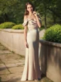 Sheath/Column Off-the-Shoulder Floor-Length Silk like Satin Bridesmaid Dresses With Ruffles