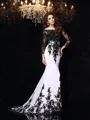 Sheath/Column Scoop Sweep Train Chiffon Evening Dresses With Appliques Lace