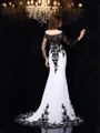 Sheath/Column Scoop Sweep Train Chiffon Evening Dresses With Appliques Lace