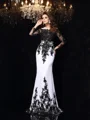 Sheath/Column Scoop Sweep Train Chiffon Evening Dresses With Appliques Lace