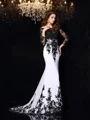 Sheath/Column Scoop Sweep Train Chiffon Evening Dresses With Appliques Lace