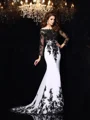 Sheath/Column Scoop Sweep Train Chiffon Evening Dresses With Appliques Lace