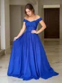 A-Line/Princess Off-the-Shoulder Sweep Train Silk Like Satin Evening Dresses With Appliques Lace