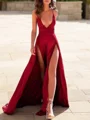 A-Line/Princess V-neck Sweep Train Silk Like Satin Evening Dresses With Leg Slit