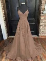 A-Line/Princess V-neck Sweep Train Tulle Evening Dresses With Appliques Lace