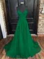 A-Line/Princess V-neck Sweep Train Tulle Evening Dresses With Appliques Lace