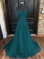 A-Line/Princess V-neck Sweep Train Tulle Evening Dresses With Appliques Lace