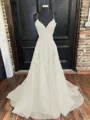 A-Line/Princess V-neck Sweep Train Tulle Evening Dresses With Appliques Lace