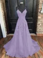 A-Line/Princess V-neck Sweep Train Tulle Evening Dresses With Appliques Lace