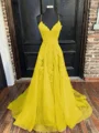 A-Line/Princess V-neck Sweep Train Tulle Evening Dresses With Appliques Lace