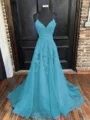 A-Line/Princess V-neck Sweep Train Tulle Evening Dresses With Appliques Lace