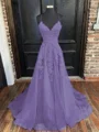 A-Line/Princess V-neck Sweep Train Tulle Evening Dresses With Appliques Lace