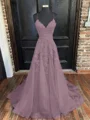 A-Line/Princess V-neck Sweep Train Tulle Evening Dresses With Appliques Lace