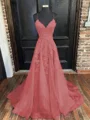 A-Line/Princess V-neck Sweep Train Tulle Evening Dresses With Appliques Lace