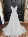 A-Line/Princess V-neck Sweep Train Tulle Evening Dresses With Appliques Lace