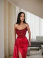 Sheath/Column Strapless Sweep Train Silk Like Satin Evening Dresses With Leg Slit