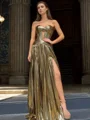 A-line Sweetheart Pleated Sweep Train Metallic Satin Corset Dress
