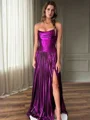 A-line Straight Pleated Sweep Train Metallic Satin Corset Dress