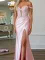 Sheath Off-the-Shoulder Appliques Lace Court Train Silk Like Satin Corset Dress