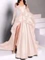 A-line Sweetheart Pleated Chapel Train Satin Dress