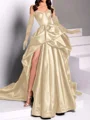 A-line Sweetheart Pleated Chapel Train Satin Dress