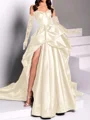 A-line Sweetheart Pleated Chapel Train Satin Dress