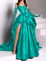 A-line Sweetheart Pleated Chapel Train Satin Dress