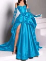 A-line Sweetheart Pleated Chapel Train Satin Dress