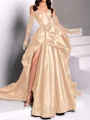 A-line Sweetheart Pleated Chapel Train Satin Dress