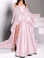 A-line Sweetheart Pleated Chapel Train Satin Dress
