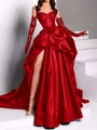 A-line Sweetheart Pleated Chapel Train Satin Dress