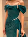 Sheath Cold Shoulder Pleated Court Train Silk Like Satin Dress