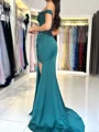 Sheath Off-the-Shoulder Appliques Lace Sweep Train Silk Like Satin Corset Dress