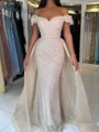 Sheath Off-the-Shoulder Pleated Sweep Train Dress With Detachable Train