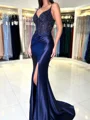 Sheath V-neck Appliques Lace Sweep Train Silk Like Satin Corset Dress