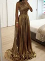 A-line One-Shoulder Pleated Floor-Length Metallic Satin Dress