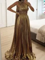 A-line One-Shoulder Pleated Floor-Length Metallic Satin Dress