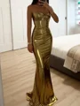 Sheath Sweetheart Pleated Sweep Train Metallic Satin Corset Dress
