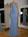 Sheath V-neck Sequin Sweep Train Lace Dress